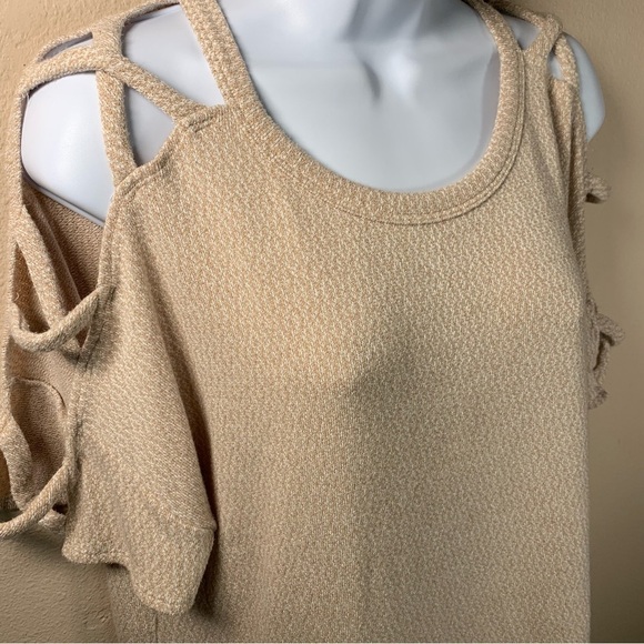 M Fantastic Fawn Beige Knit Cutout Sleeve Top Short Sleeve Stretch Medium 8 10 - Picture 3 of 7